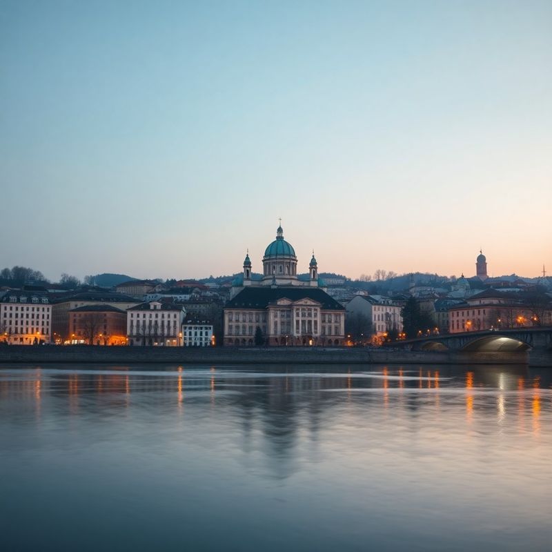 Inkblue Craiova cityscape at dusk reflecting long-term stillness