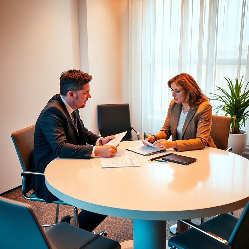 Two financial advisors reviewing documents at a round table in an inkblue and warm-white meeting room