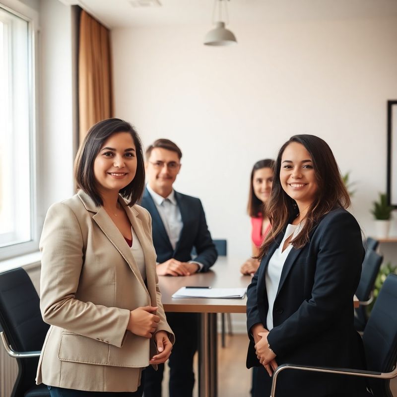 Small professional advisory team in a bright Craiova office with inkblue and warm-white interior