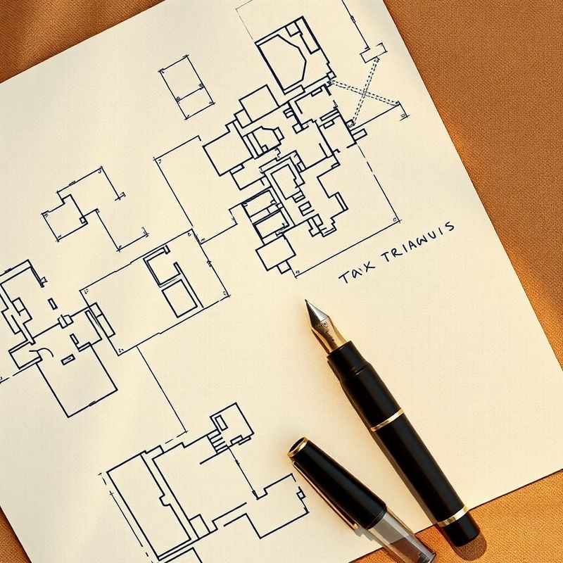 Architectural blueprints and a fountain pen on warm-white linen with inkblue annotations