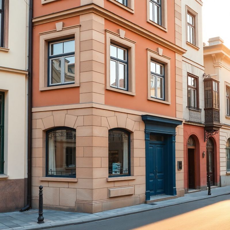 Restored early-twentieth-century building facade in central Craiova with inkblue door trim